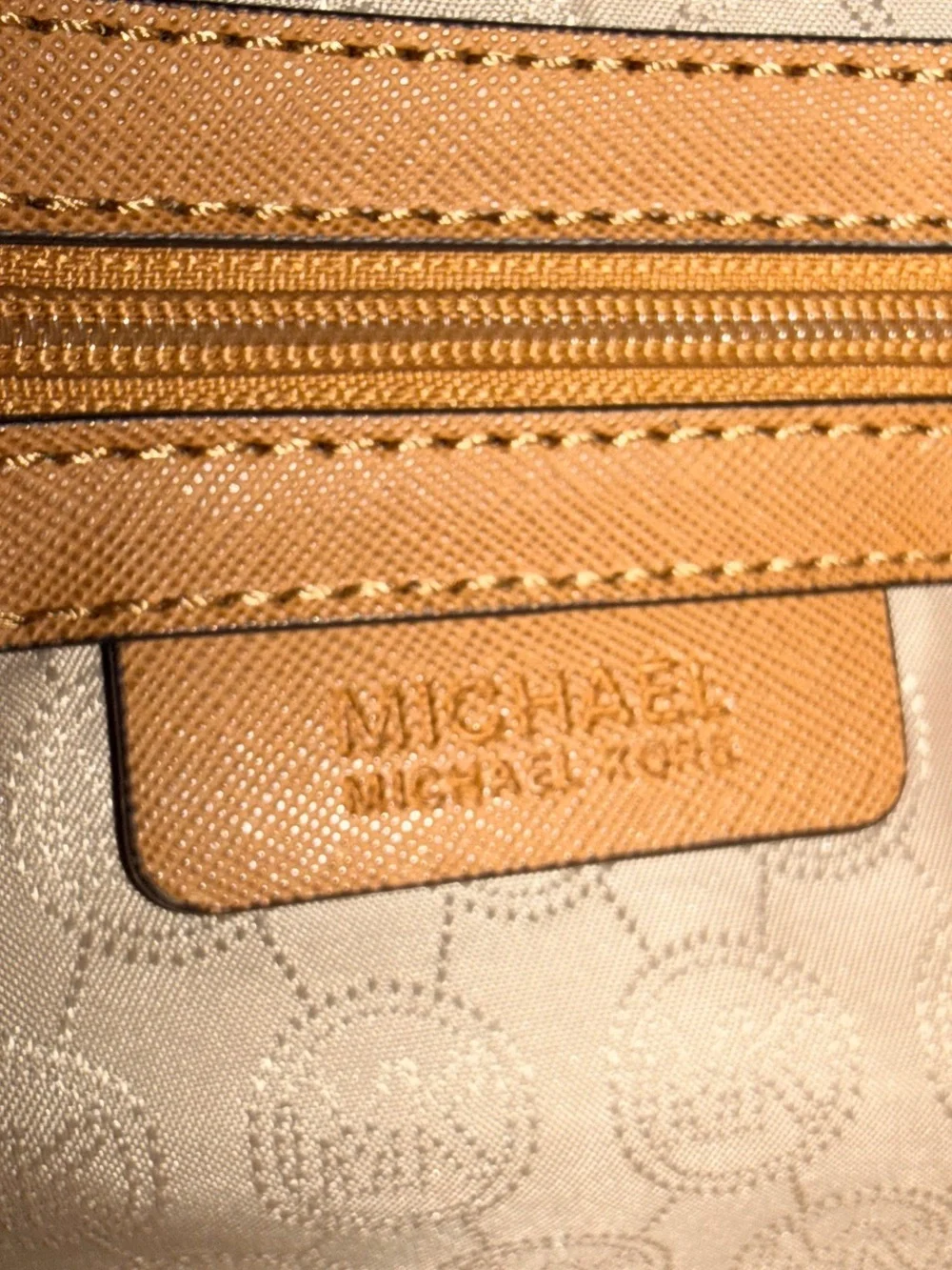 Michael Kors Brown/Beige/Tan Saffiano Leather Satchel with Gold Hardware